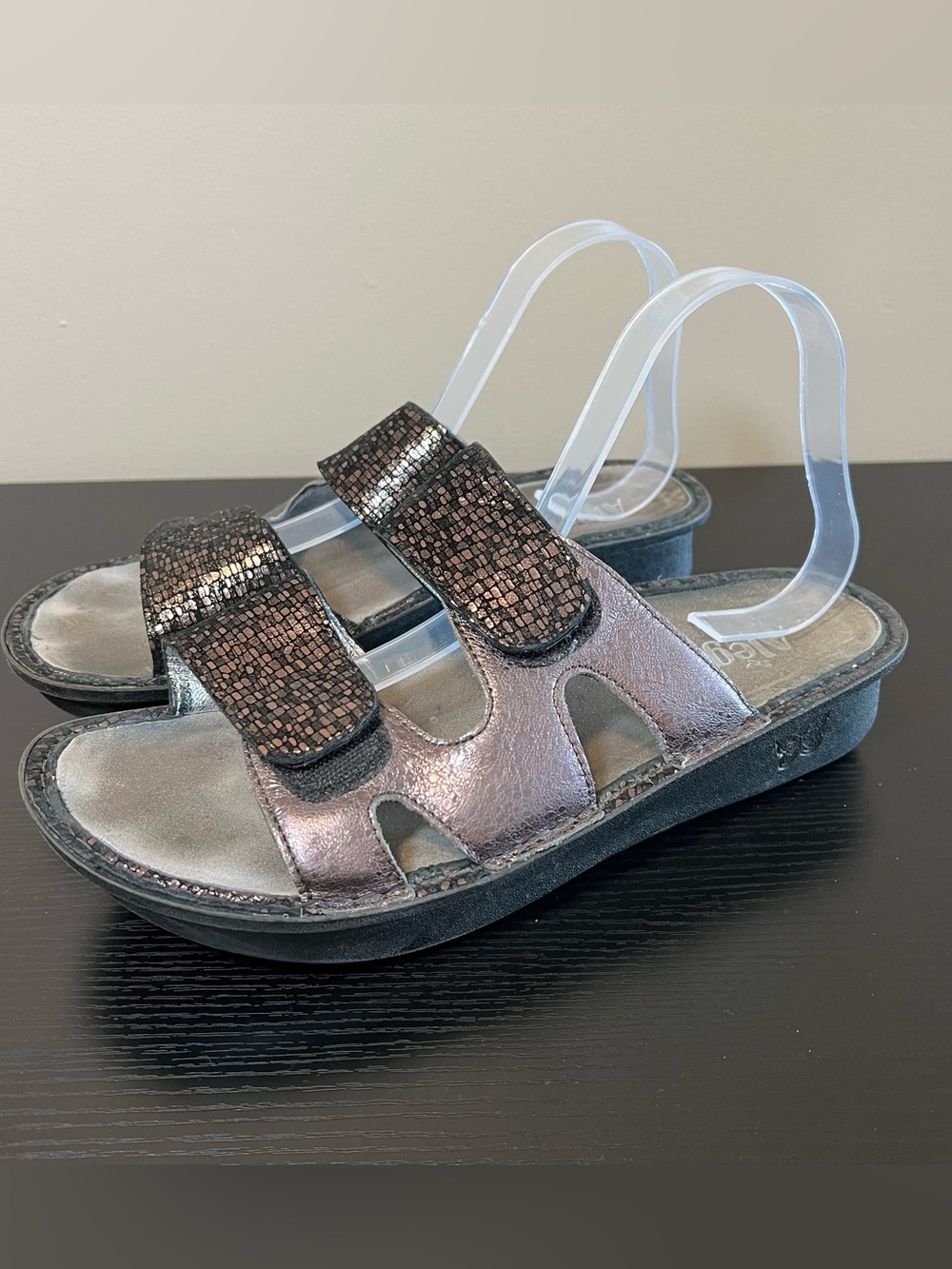 Alegria Camille Leather Slide Sandal Women’s Black Chunky Slip On Pewter 42